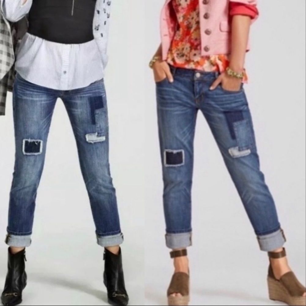 Cabi blue denim slim boyfriend cut style patchwork jeans